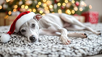 Whippet Puppy Relaxing on Cozy Blanket During Christmas