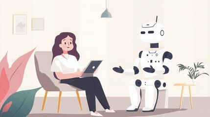 Woman using laptop conversing with a robot in a minimal living space with houseplants