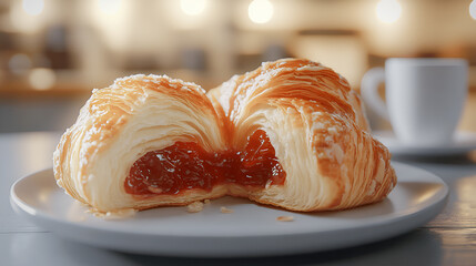 Delicious fresh croissant filled with apricot jam, european dessert