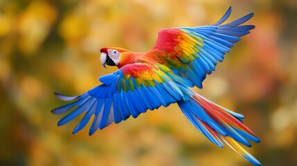 A beautiful macaw soaring through the air with its vivid feathers on display, capturing the essence of wildlife and freedom amidst a backdrop of natural beauty.