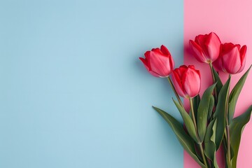 Fototapeta premium Minimalistic floral arrangement with red tulips on pastel blue and pink background romantic spring composition