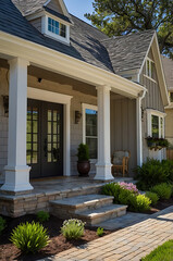 Elegant Home Exterior with Stone Steps and Porch.  Beautiful landscaping and architectural details create curb appeal.