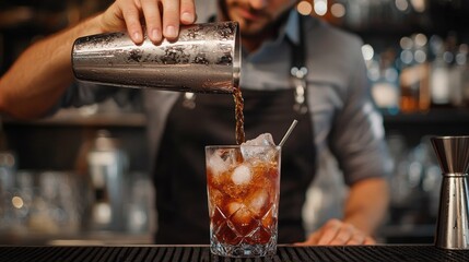 A skilled bartender elegantly pouring a refreshing cocktail into a glass, showcasing the artistry involved in mixology and the appeal of crafted beverages.