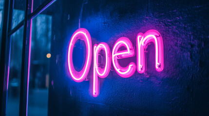 Obraz premium blue and pink neon open sign opening hours concept on dark concrete wall low key lighting 3d render illustration