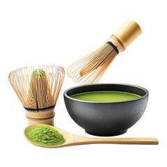 Matcha tea preparation set including a whisked bowl, loose powder on a spoon, and a bamboo whisk on a transparent background for wellness branding.