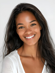 Naklejka premium beautiful dark-skinned girl smiling on a light background with an expressive gaze