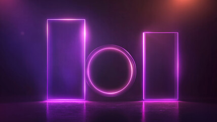 Futuristic neon glowing geometric shapes with purple and pink light on a dark reflective background.