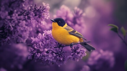 Obraz premium A beautifully detailed yellow bird perched on lilac blooms symbolizes spring's awakening, bringing a sense of nature's beauty and vibrant colors to life.
