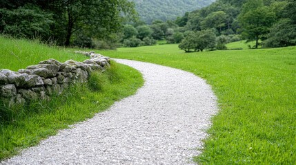 Obraz premium Winding path, green valley, stone wall, summer hike