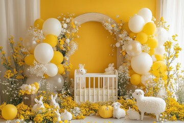 Charming baby shower decoration with yellow theme indoor nursery setup whimsical atmosphere creative viewpoint delightful concept
