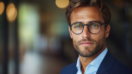 Fototapeta premium A confident young man wearing glasses poses with a thoughtful expression, surrounded by a beautifully blurred background that enhances his stylish appearance.