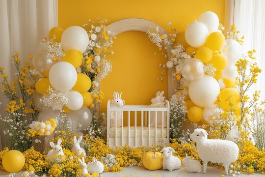 Charming baby shower decoration with yellow theme indoor nursery setup whimsical atmosphere creative viewpoint delightful concept