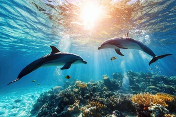 Fototapeta premium Joyful interaction of dolphins and colorful fish in an enchanting underwater world coral reef nature photography vibrant environment serene viewpoint