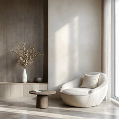 Aesthetic elegant minimalist modern interior design. Clear mock up empty wall for decoration in the apartment. Copy space in the room. Neutral palette of natural colors.