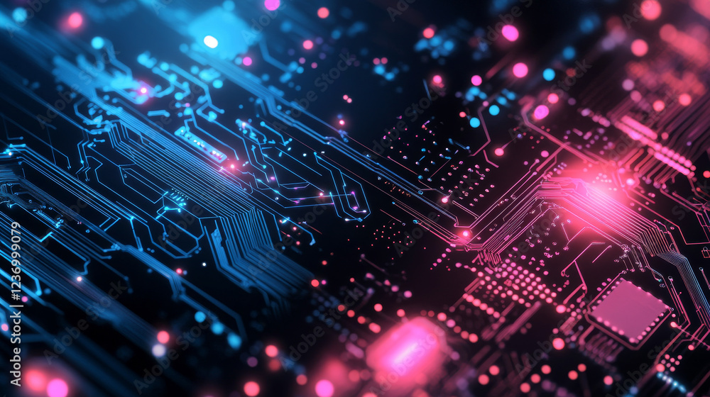 Poster abstract technology background with circuit board design and led lights 3d render illustration
