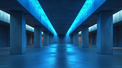 Naklejka premium Underground concrete basement with modern abstract blue lighting forms industrial grunge concrete background 3d render illustration