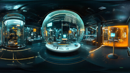 Obraz premium 360 degree full panorama environment map of futuristic laboratory hall space station floor with product presentation light stand 3d render illustration hdri hdr vr virtual reality