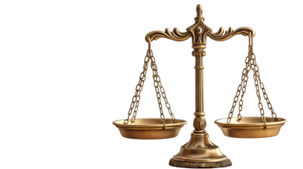 Golden Scales of Justice Antique Legal Symbol, Brass Balance for Law and Equity, isolated on transparent background.