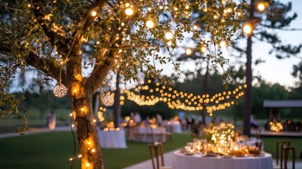 Inviting outdoor gathering with friends enjoying food and drinks under twinkling fairy lights garden setting gigapixel quality