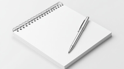 empty horizontal white paper spiral notebook with a metal pen 3d render illustration