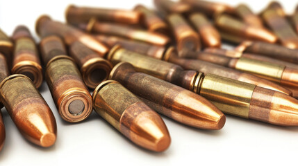 Bullets on white background. A group of rifle bullets isolated on white background. Ammunition on white background. 3d illustration render