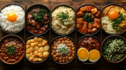 Diverse food dishes, overhead shot, wooden table background, restaurant menu