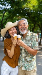 Fototapeta premium Joyful elderly couple sharing ice cream cones in a park capturing the essence of companionship and happiness outdoor setting gigapixel quality