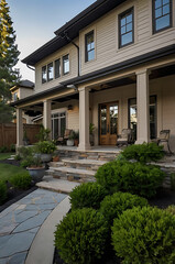 Obraz premium Elegant Home Exterior with Stone Steps and Landscaping. Modern Architecture meets Classic Design in this stunning residential property. Perfect for real estate listings and architectural showcases.