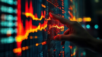 A close-up of a hand interacting with a digital stock market display, showcasing fluctuating charts and data that represent trading and financial analytics.
