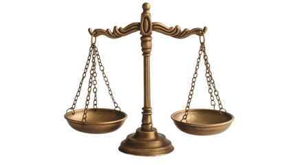 Antique Brass Scales Justice Symbol, Golden Balance for Legal and Equity Themes, isolated on transparent background.