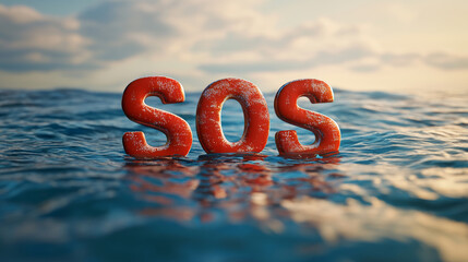 SOS letters mayday are lying in water red characters halp sea rescue concept 3d illustration render