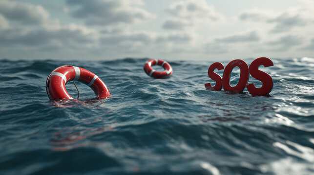SOS letters mayday are lying in water red characters halp sea rescue concept 3d illustration render