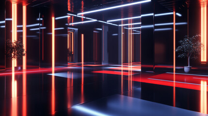 black minimalistic studio environment with bright lights and reflections 3d render illustration. 3D Illustration