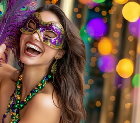 Obraz premium People in colorful costumes, masks, and feathered accessories dance energetically in the streets during the Mardi Gras celebration.In the background, decorated floats, banners, and festive lights.