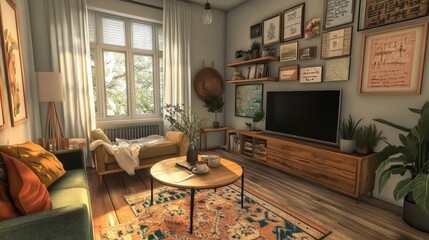Cozy living room in a small apartment, perfect for working from home. Great for real estate rentals and home staging.