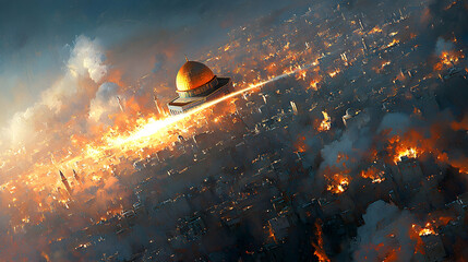 Obraz premium Dome of the Rock, fiery city, aerial view, war, destruction; apocalyptic concept art