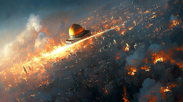 Dome of the Rock, fiery city, aerial view, war, destruction; apocalyptic concept art