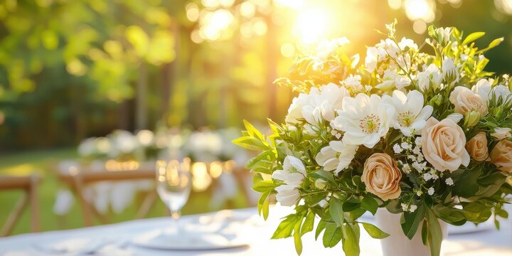 Spring party celebration with blossoming flowers at a cheerful outdoor table capturing warmth in soft natural light