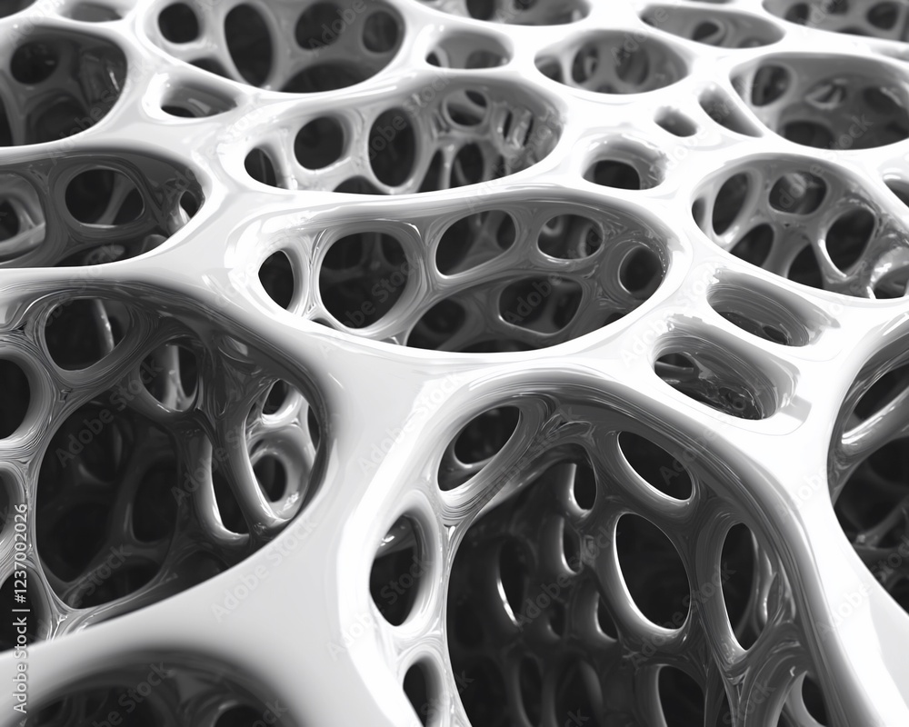 Poster abstract 3d rendering of interconnected, organic shapes with a glossy, white surface and dark shadow