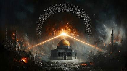 Fototapeta premium Dome of the Rock, Jerusalem, apocalyptic scene, divine light, destruction