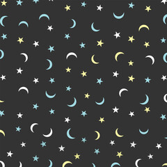 Star seamless pattern. Cute star and moon background. Pattern on black background. Unique template. For wrapping paper greeting cards.