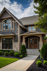 Obraz premium Luxury Craftsman Home Exterior: Modern Design, Stone Facade, Landscaping