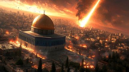 Obraz premium Dome of the Rock, Jerusalem, fiery meteor, apocalyptic city, disaster concept art