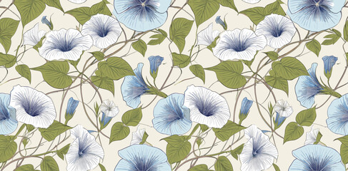 A seamless pattern of delicate blue and white morning glory flowers with green leaves on a cream background. 