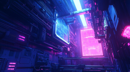 Fototapeta premium futuristic blue and pink neon light 3d render illustration with sci-fi cyber punk design