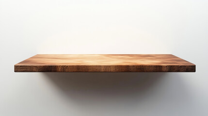 Empty brown wood plank board shelf on white wall background 3d illustration render