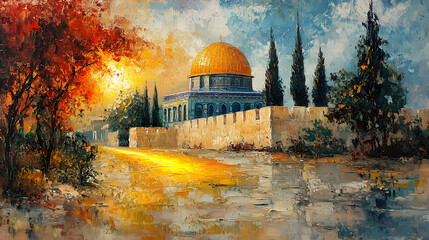 Dome of the Rock sunset, Jerusalem, autumn, painting