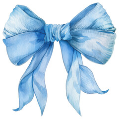 Watercolor blue bow with delicate ribbons on transparent background png isolated