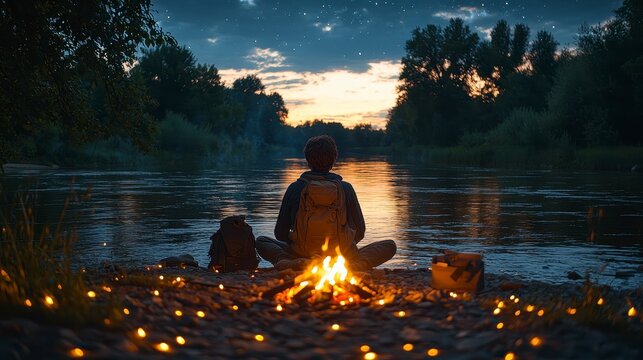 Man meditates by campfire at sunset riverbank - Powered by Adobe