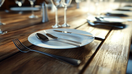 Fork, spoon, knife and plate isolated on wooden table 3d render illustration